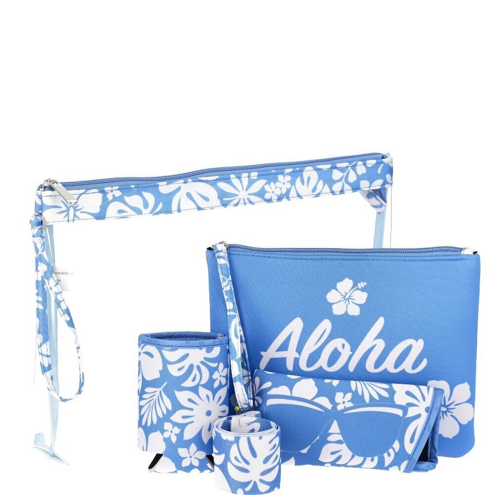 No Boundaries 5pc Beach Pouch Set Blue Floral Travel Bag Sunglass Case Holder
